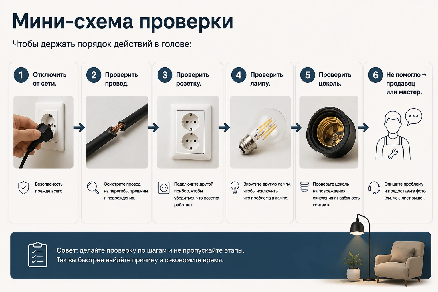 Что делать, если торшер не включается: причины, проверка и безопасные шаги