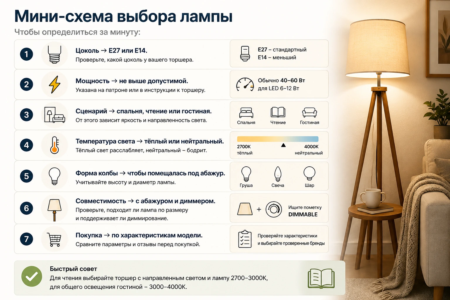 Какую лампу выбрать для торшера: цоколь, мощность, LED и тёплый свет