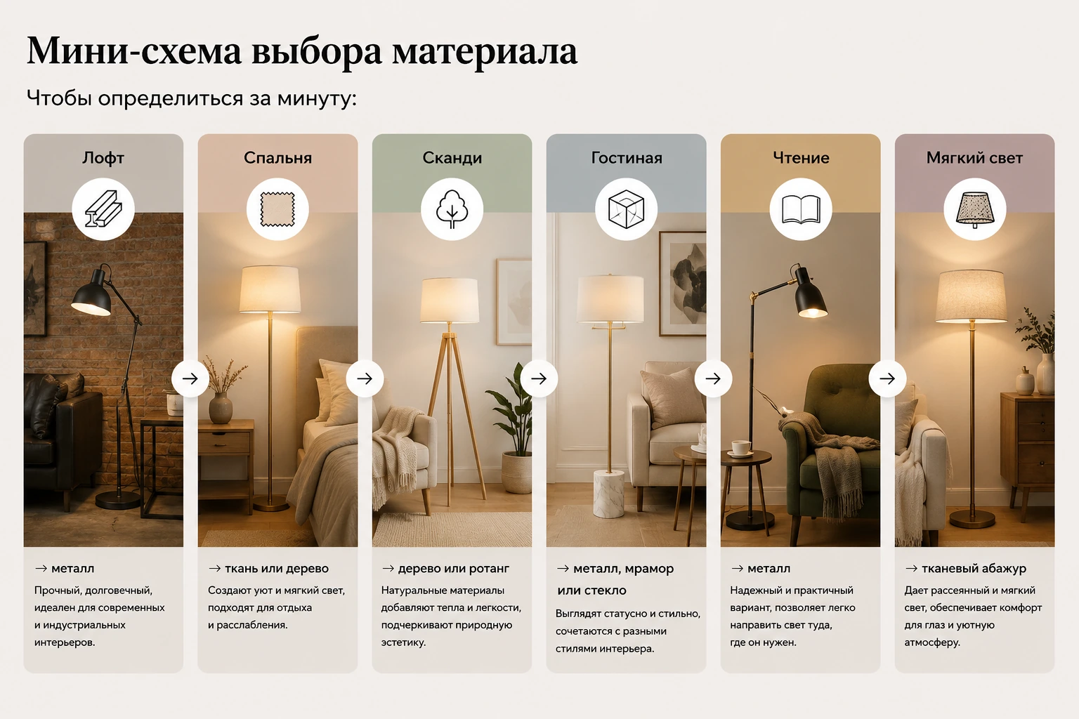 Какие материалы для торшеров лучше: металл, дерево, стекло, ткань и ротанг