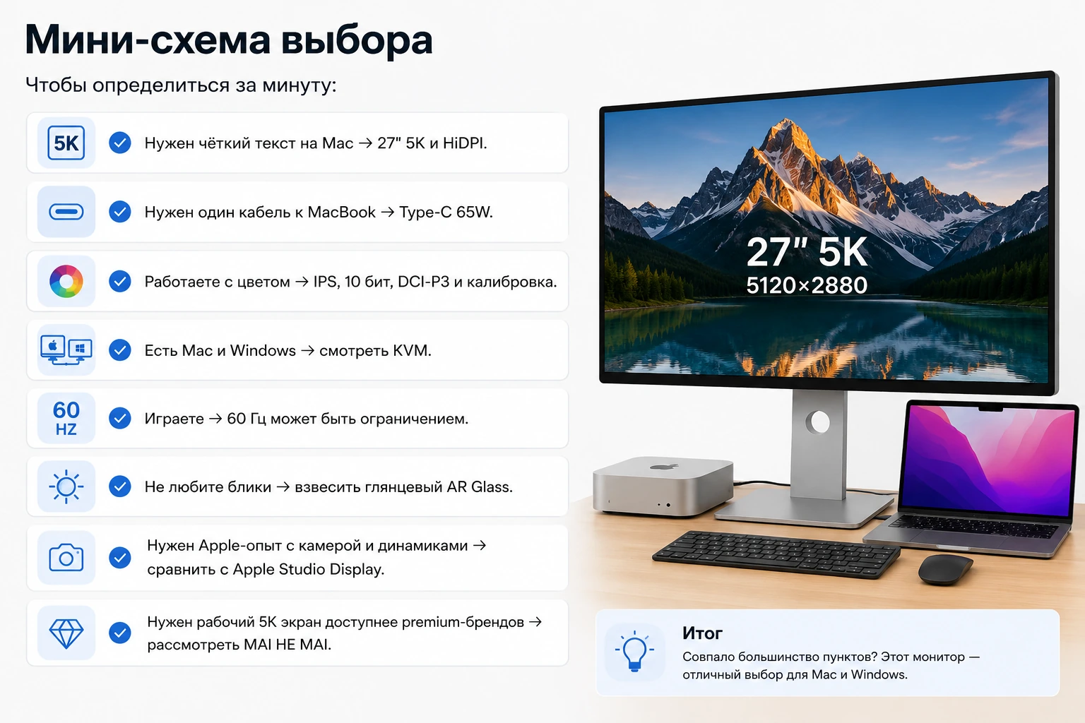 Монитор 27″ 5K для Mac и Windows: 5120×2880, HiDPI, Type-C 65W и сравнение с 4K