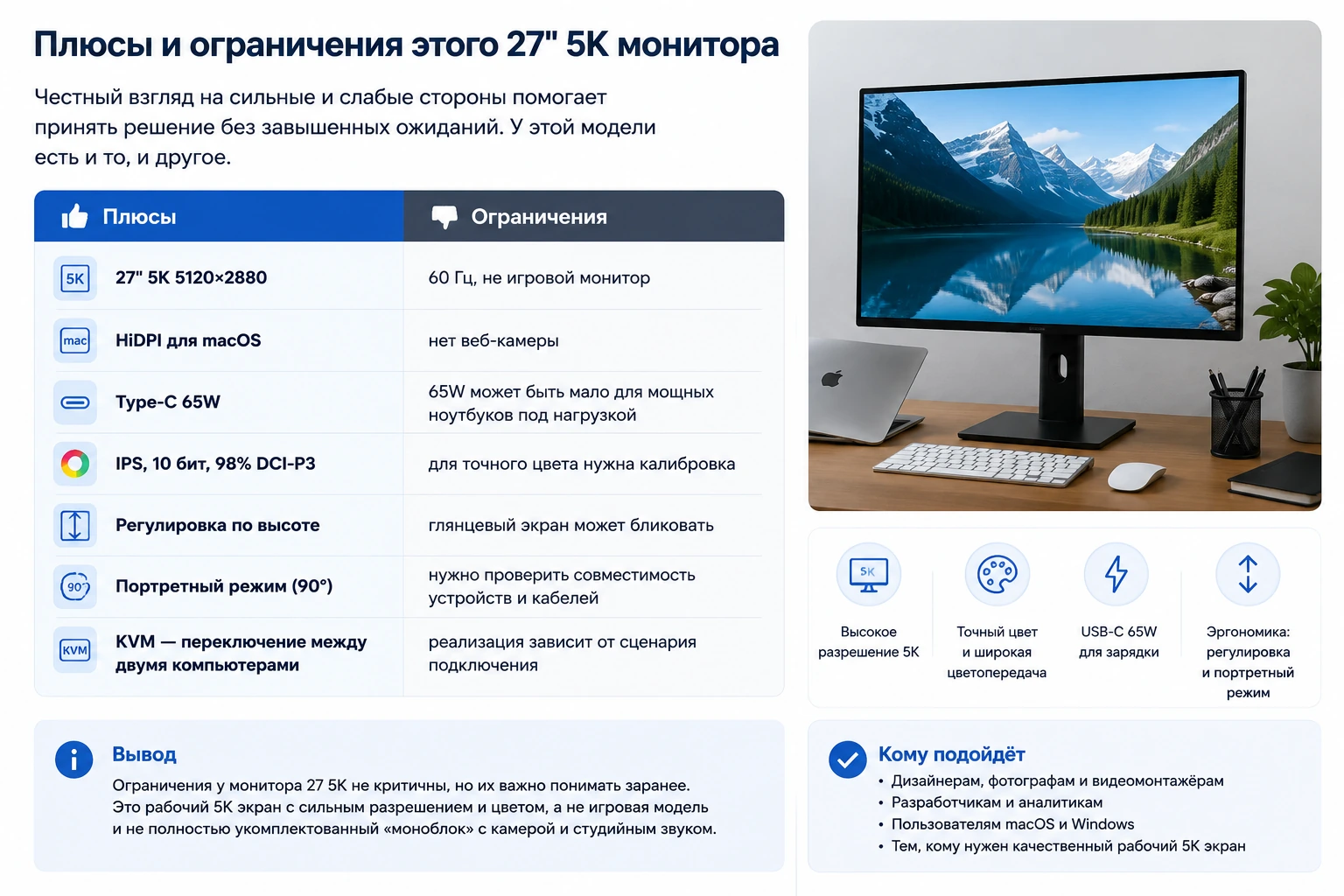 Монитор 27″ 5K для Mac и Windows: 5120×2880, HiDPI, Type-C 65W и сравнение с 4K
