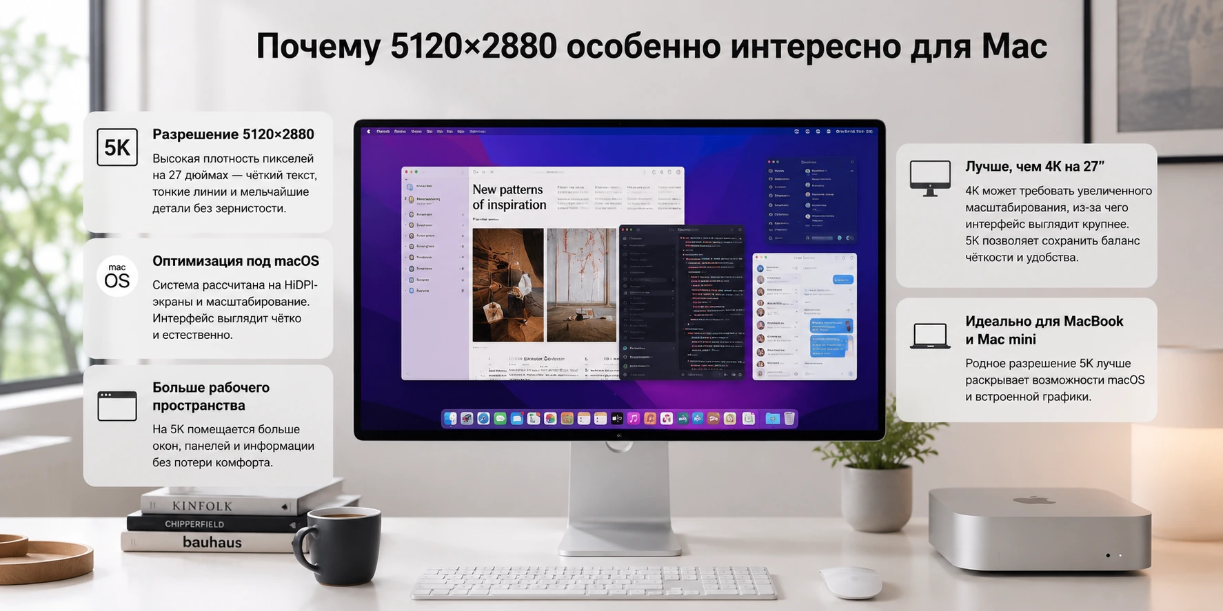 Монитор 27″ 5K для Mac и Windows: 5120×2880, HiDPI, Type-C 65W и сравнение с 4K