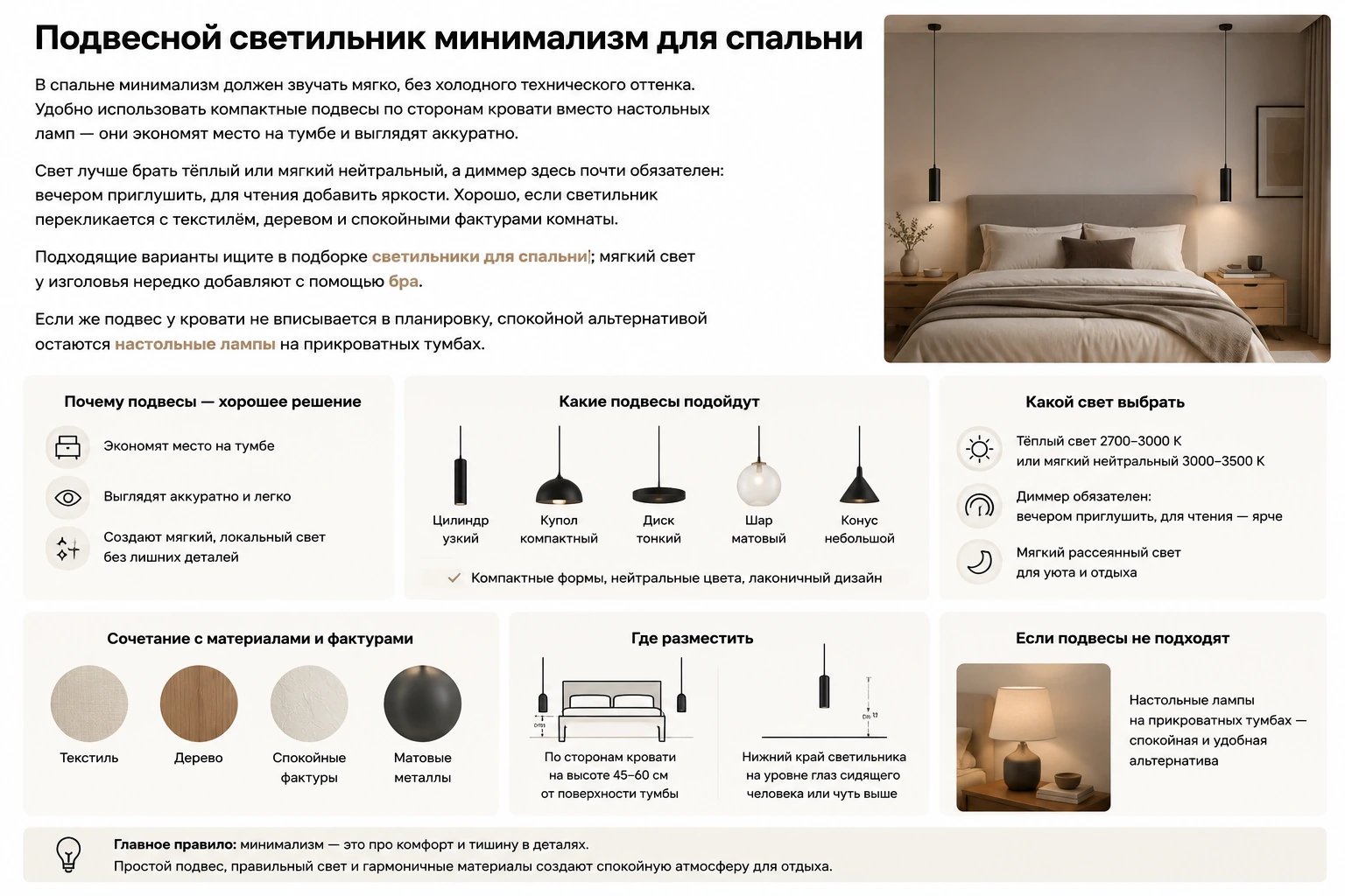 Как выбрать подвесной светильник минимализм: кухня, гостиная, спальня и современный интерьер