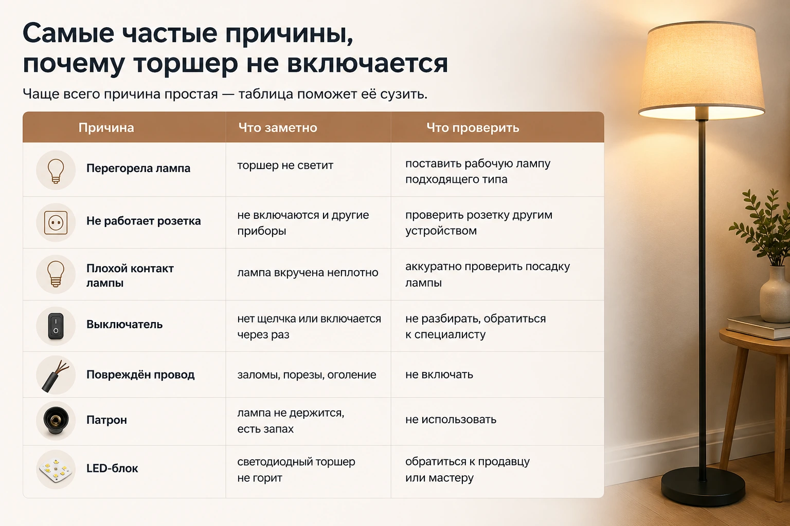 Что делать, если торшер не включается: причины, проверка и безопасные шаги
