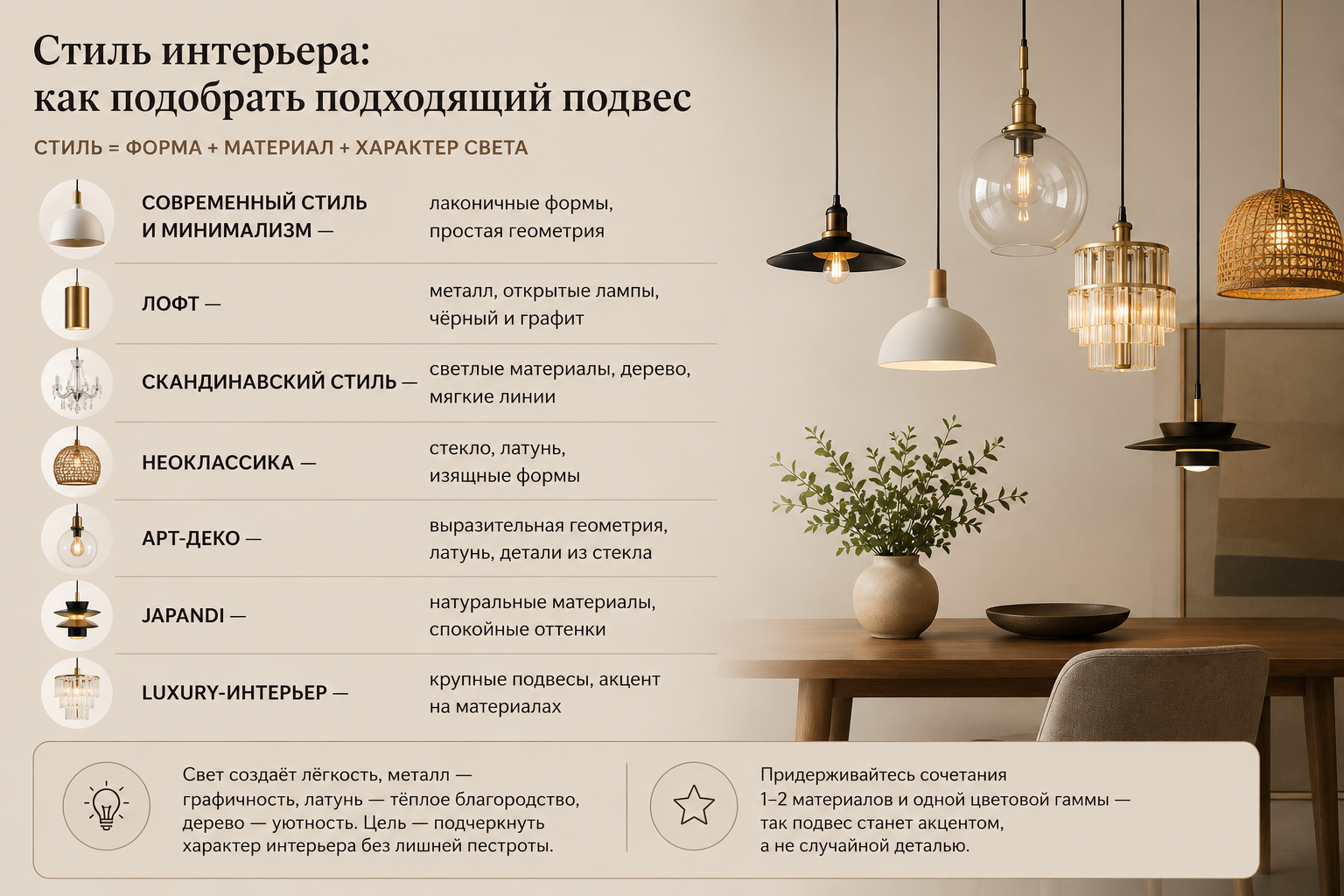 Как выбрать подвесные светильники: кухня, обеденный стол, спальня и интерьер
