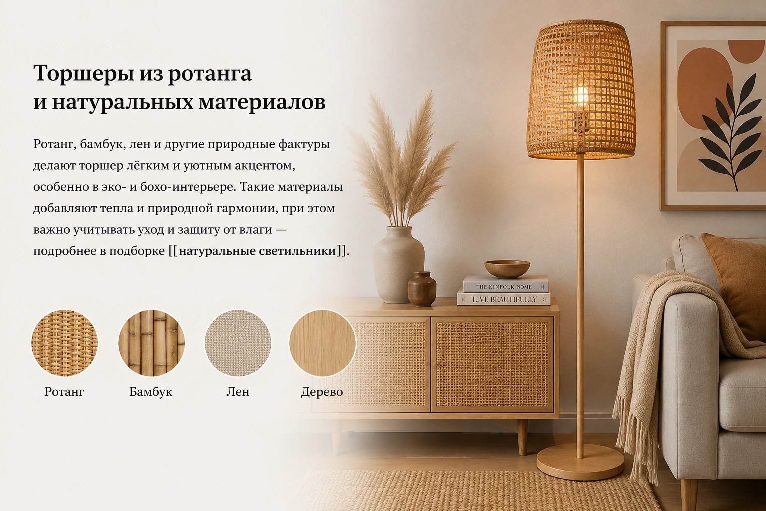Какие материалы для торшеров лучше: металл, дерево, стекло, ткань и ротанг