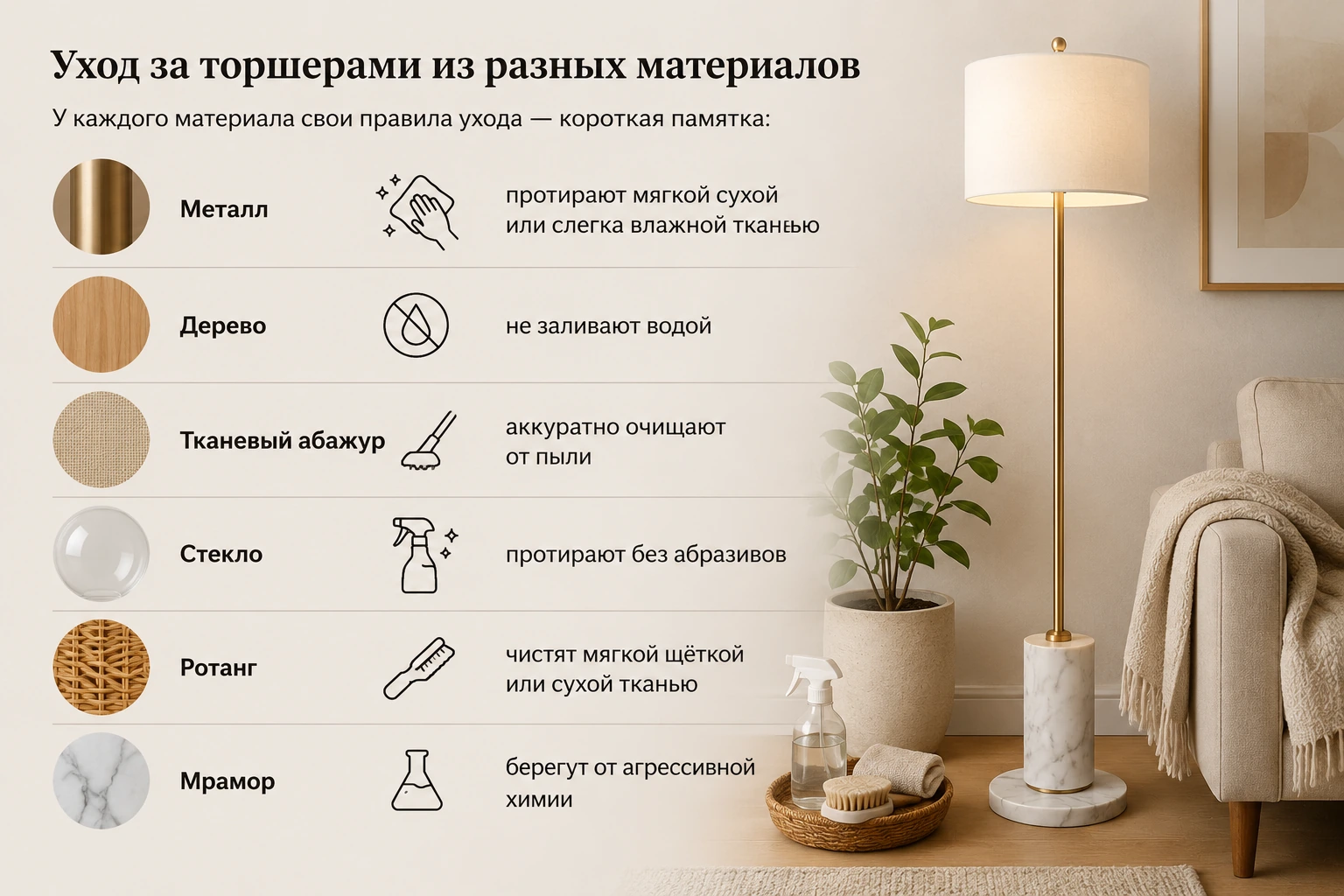 Какие материалы для торшеров лучше: металл, дерево, стекло, ткань и ротанг