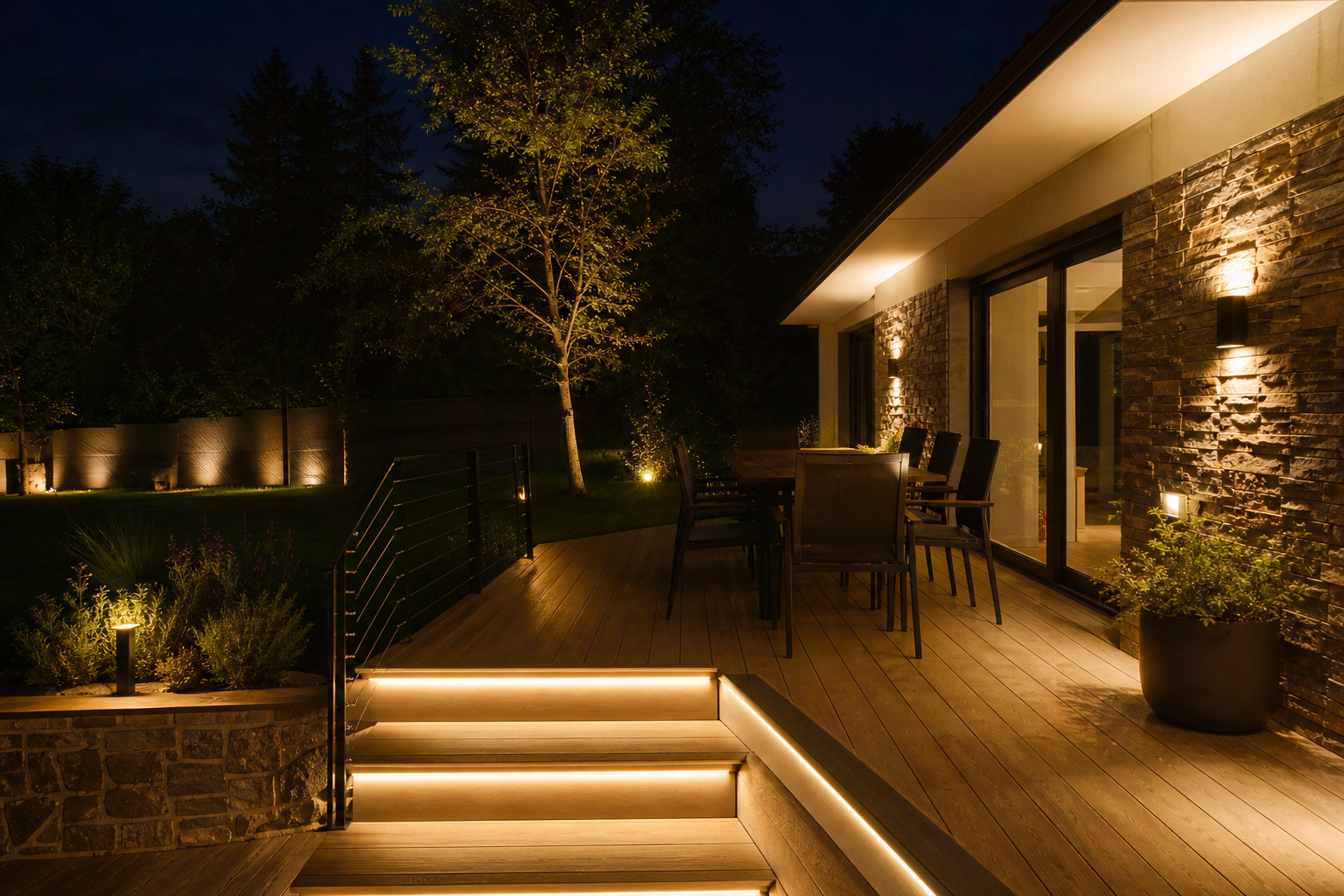 Садовое освещение по зонам участка: дорожки, растения, терраса, вход и беседка